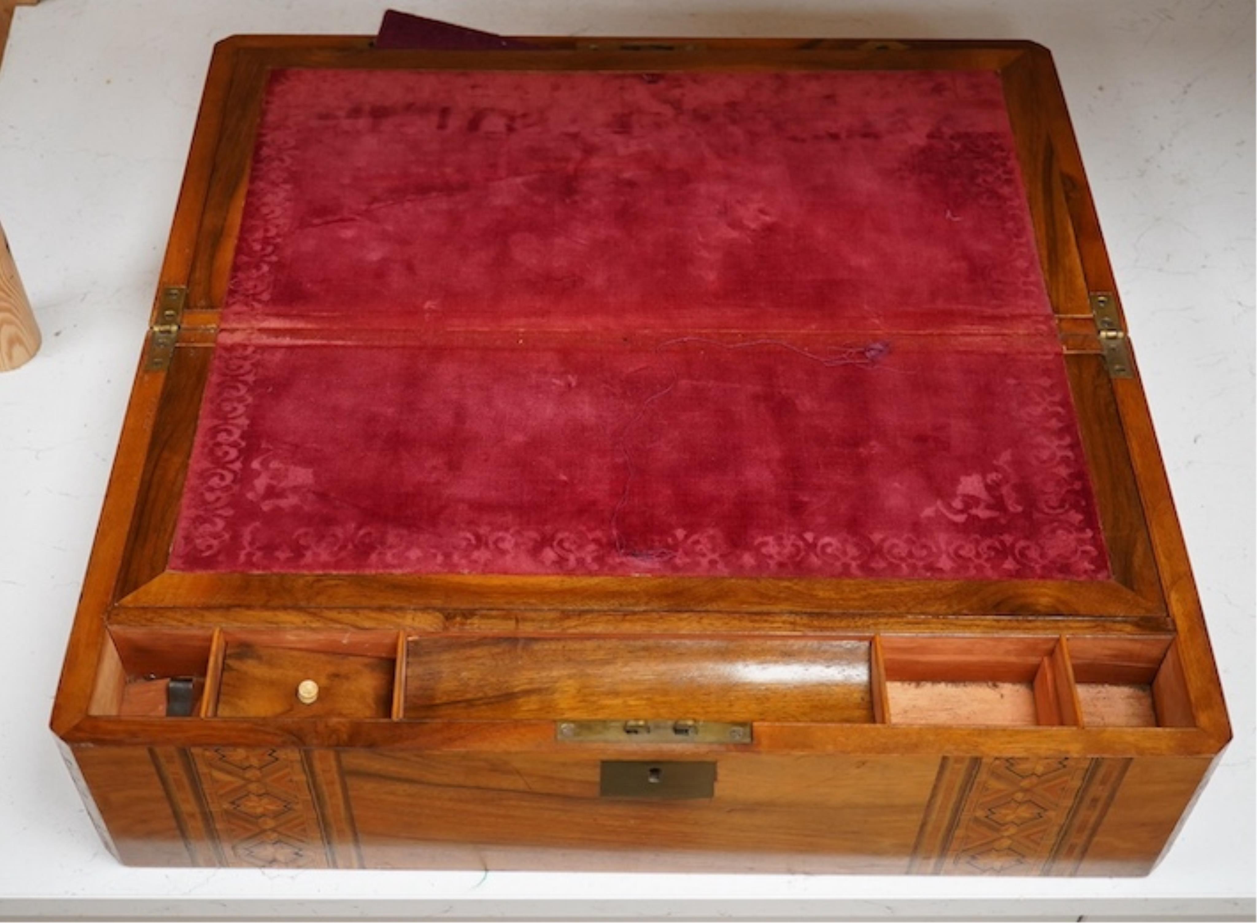 A Victorian inlaid walnut writing slope, 45cm wide x 26cm deep. Condition - brass plaque missing